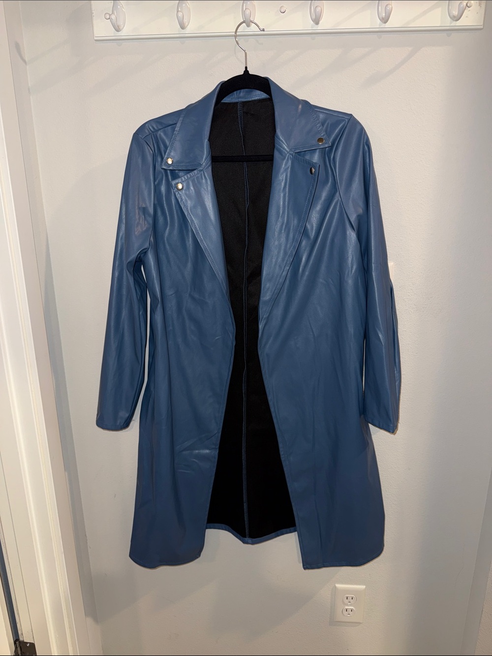 Blue Women's Faux Leather Trench Coat w/ Pockets L